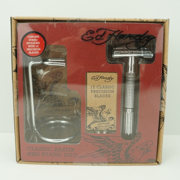 Ed Hardy Other - NEW Ed Hardy Chrome Classic Razor And Stand Duo
